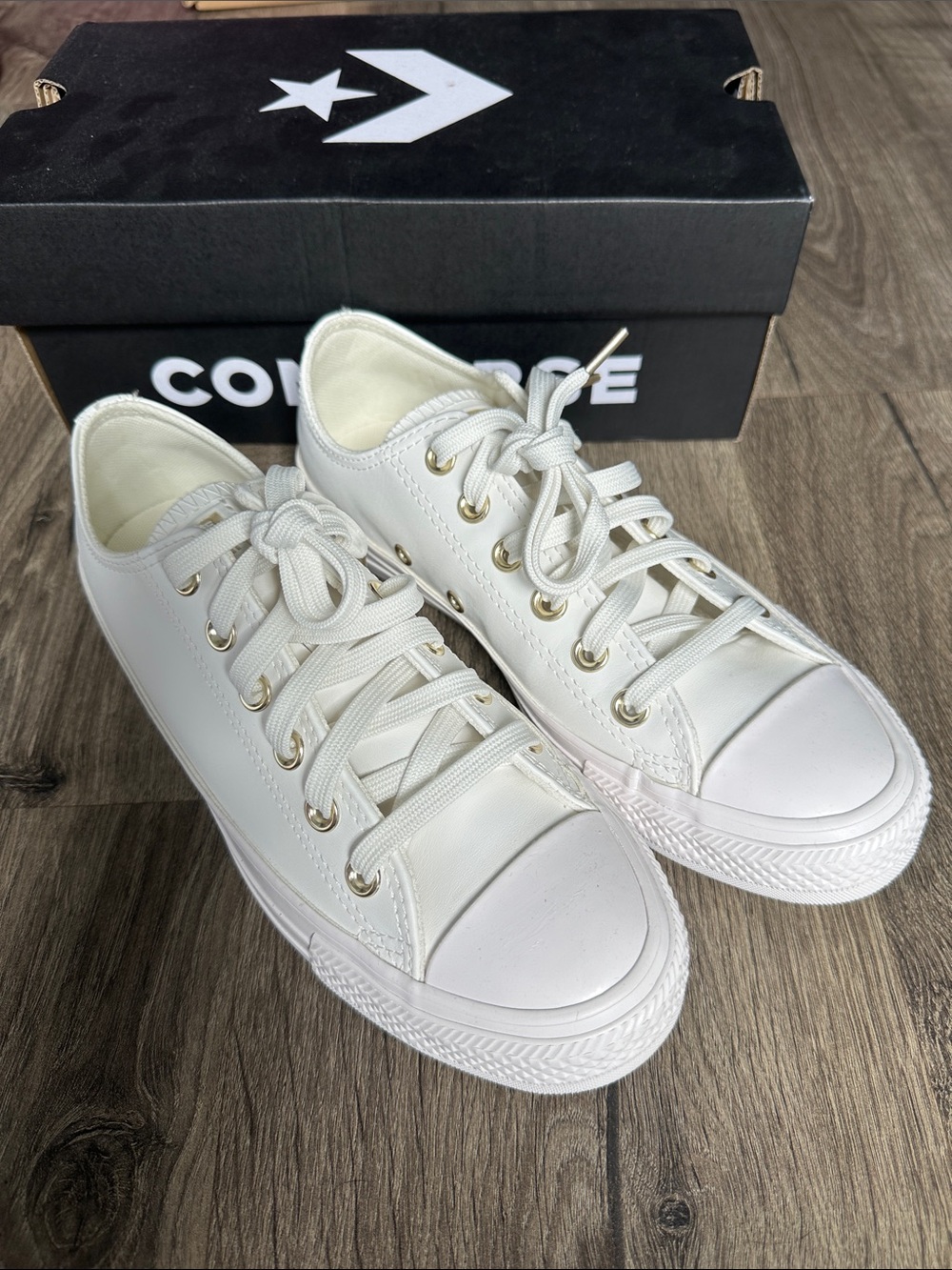 Converse Cream/White Low Top Vegan Leather Sneakers with Gold Eyelets